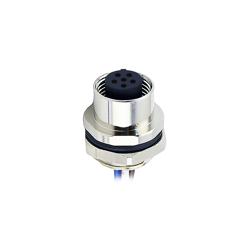 M12 6pins C code female straight rear panel mount connector M16 thread,unshielded,single wires,brass with nickel plated shell