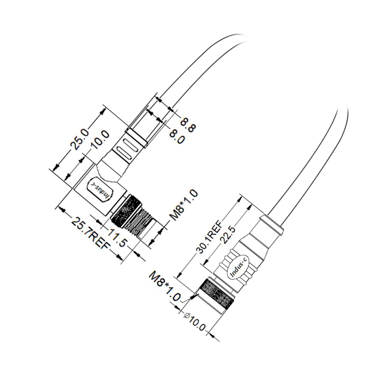 M8 6pins A code male right angle to female straight molded cable,shielded,PUR,-40°C~+105°C,26AWG 0.14mm²,brass with nickel plated screw